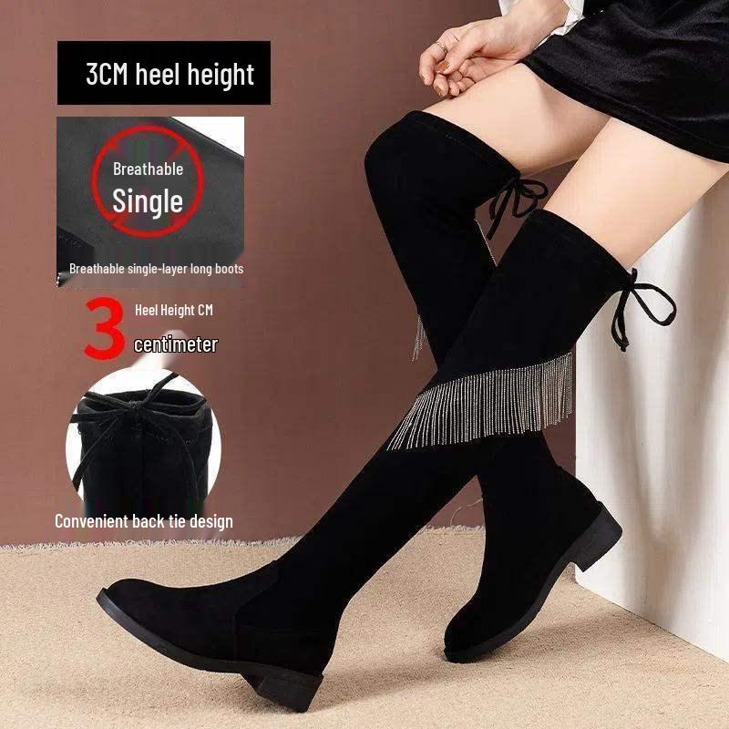 Женские замшевые ботфорты с кисточками из страз - Осень 2025 Облегающие ботинки на толстом каблуке с высоким голенищем