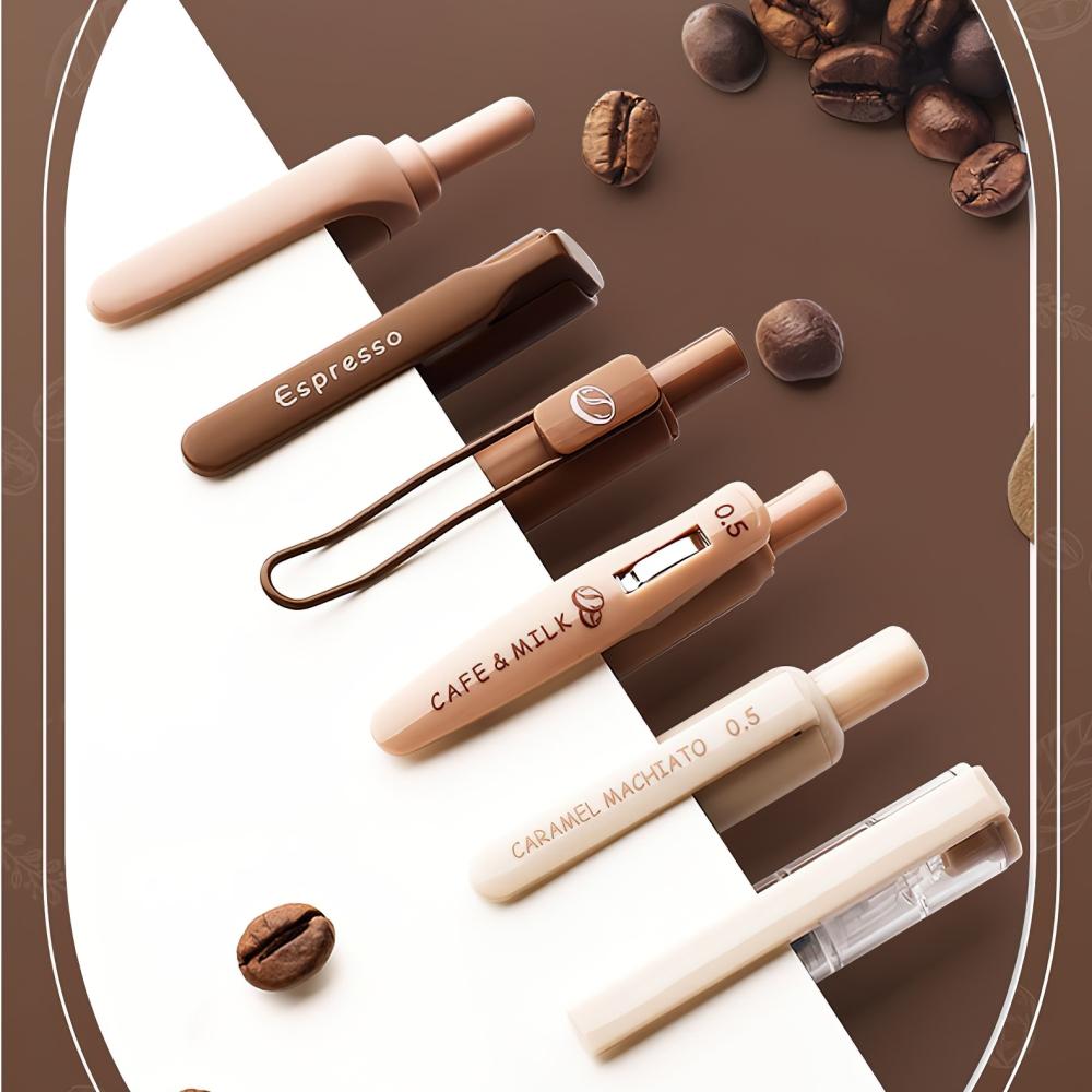 6pcs Coffee Time Gel Pens Highlighter Set 0.5mm Ballpoint Black Color Ink Marker for Writing