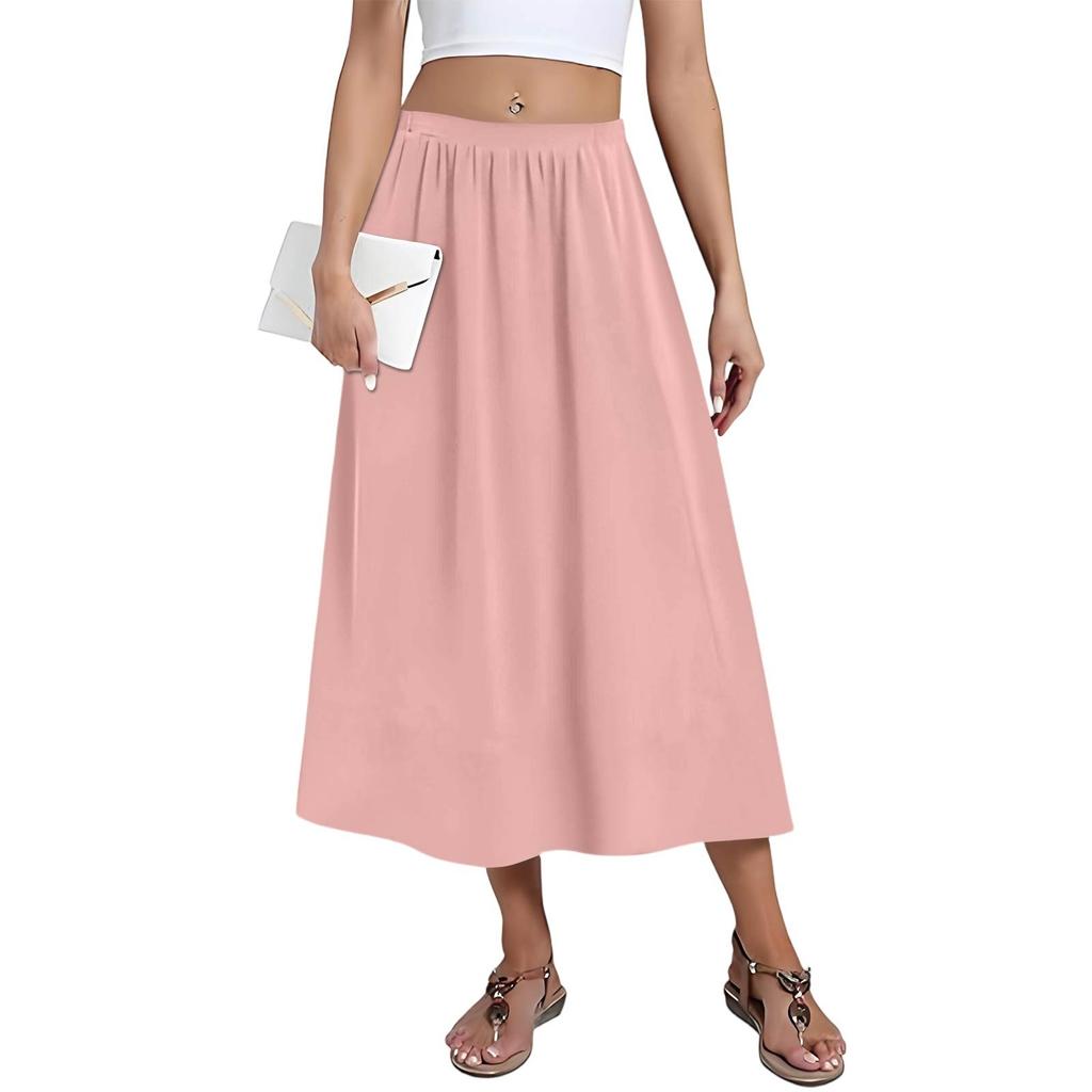 Women's Casual Fashion Solid Colour Big Hem Skirt Elasticated Loose Pockets Pleated Half-body Skirt (With Side Pockets)