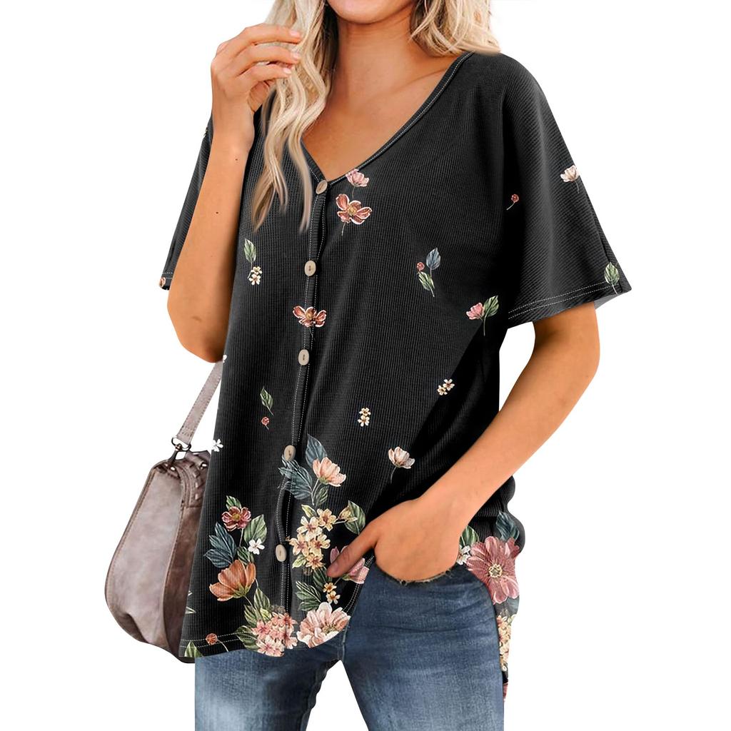 Women's T Shirt Tee Printed Women's Shirts V Neck Short Sleeve Button Up Tunic Tops Blouse