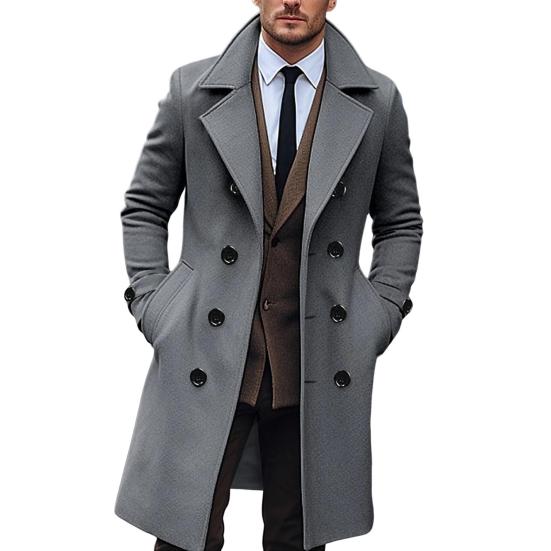Men Long Woolen Coat Lapel Long Sleeve Solid Color Windbreaker Pockets Double Breasted Solid Color Mid-length