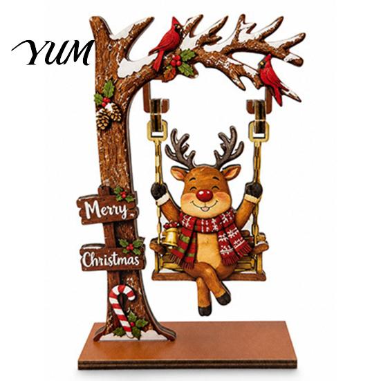 Christmas Wooden Ornaments Ornaments, Santa Snowman Figurine with Moving Natural Wood Tabletop Figurines Swing, Rustic Holiday Centerpiece for