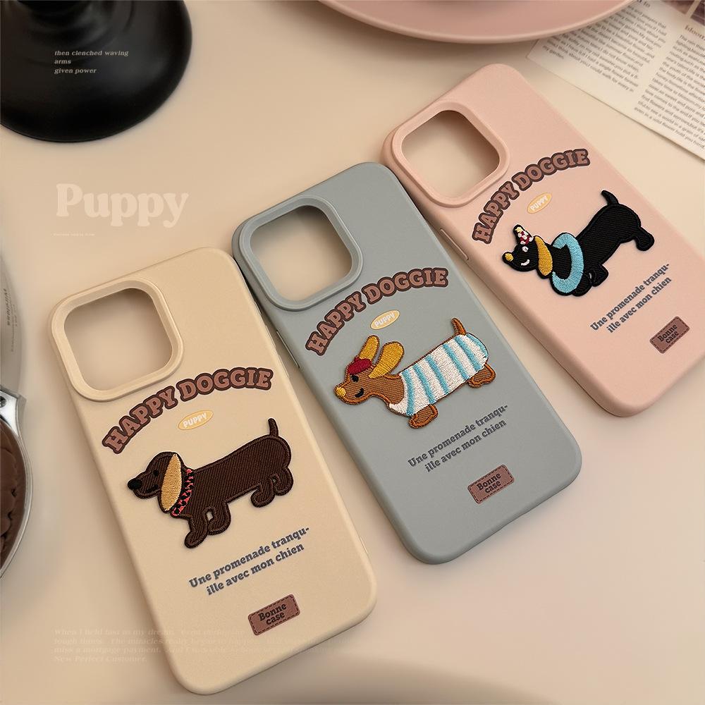 Dachshund Dog Embroidered Apple 16 Mobile Phone Case Ins Style Three Dimensional IPhone 17 Suitable for 13 Korean 15pro Max Soft