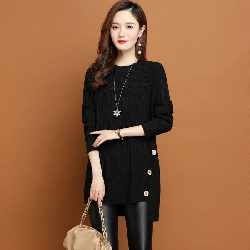 Women's Crew Neck Sweater Autumn Winter Loose Midi Pullover Knitwear Simple Irregular Hem Thick Knit Top Solid Color Stretch Jumper