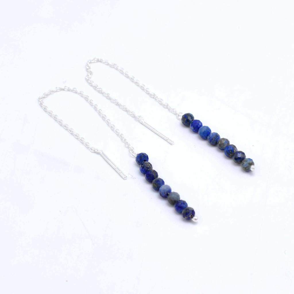 Lapsi Lazuli 925 Silver Threader Earrings, Natural Gemstone Women Handmade Fringe Earrings