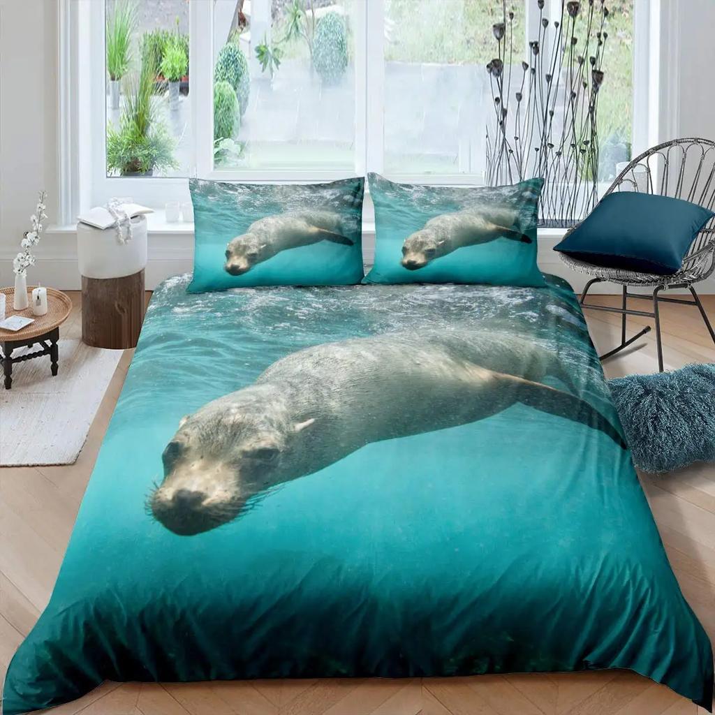 Пододеяльник с изображением тюленя размера King, милый комплект постельного белья с изображением тюленя, милый экзотический стиль океана, 2/3 шт., полиэстеровое одеяло с изображением морской жизни