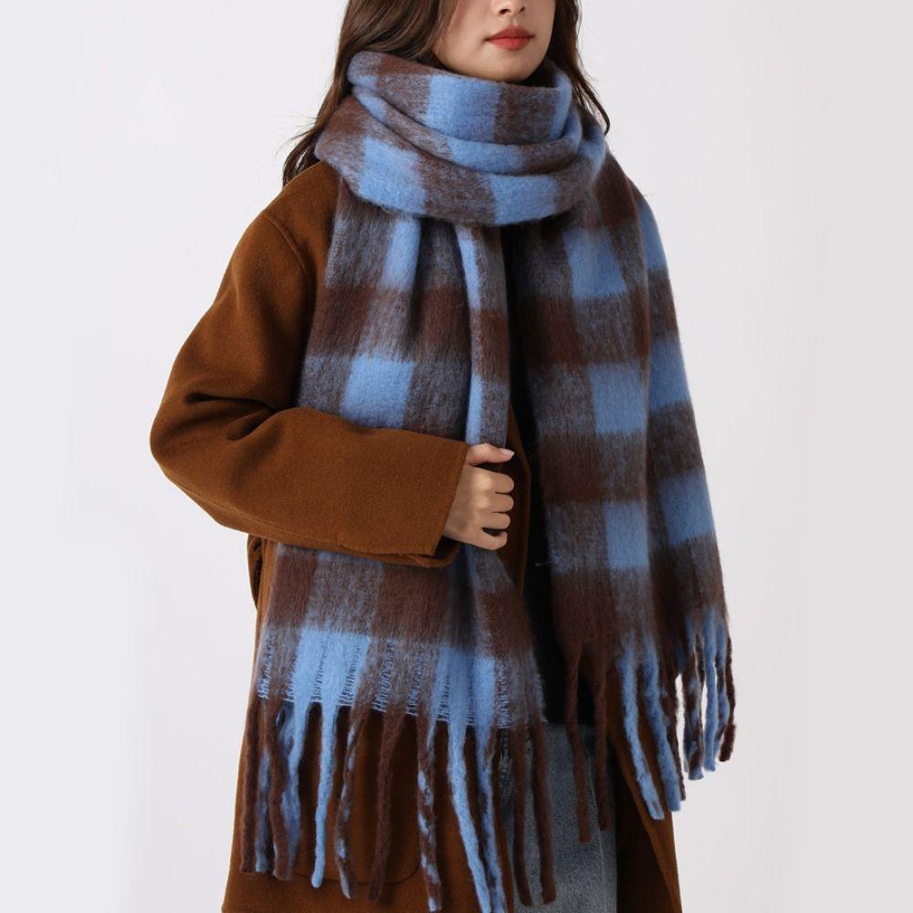 Tassel Plaid Wool Scarf Mohair Long Shawl Simple Winter Cashmere Scarves  Autumn Winter