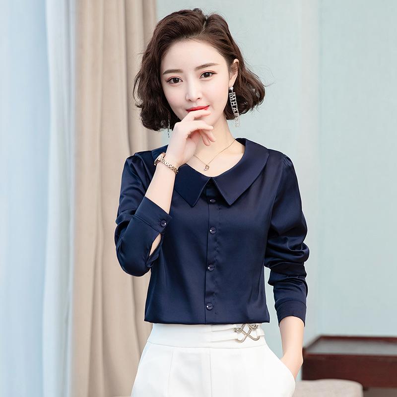 Новая осенняя рубашка с длинными рукавами из сатина с кукольным воротником для женщин, красная универсальная модная рубашка