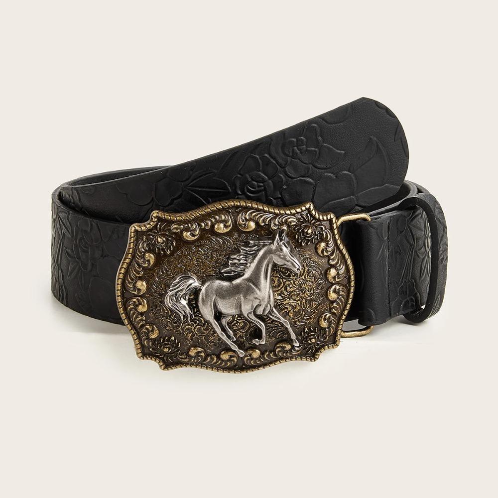 Harajuku Punk Rock Belt Hip Hop Horse Head Buckle Belt Women Man Leather Embossed Belt