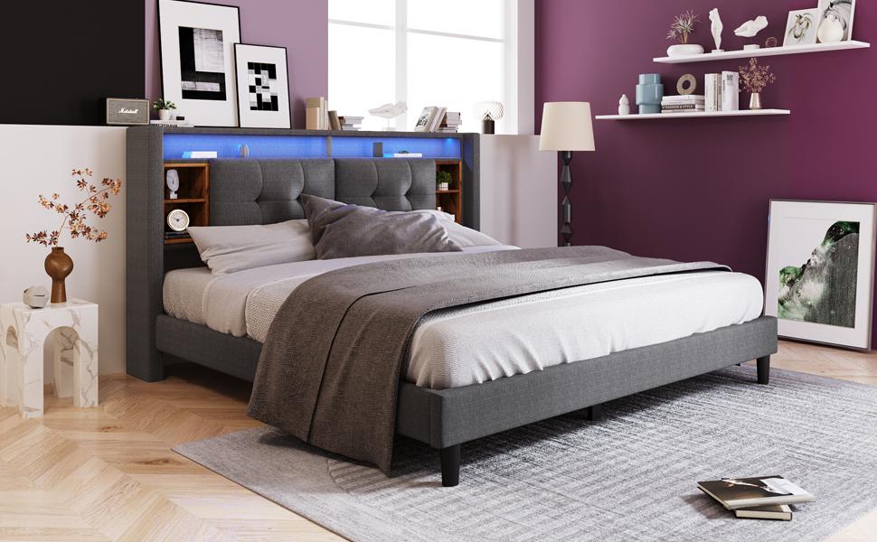 Upholstered Bed Double Bed Storage Headboard with Charging USB and LED Lighting Bed Frame Slatted Base of Wood, 140*200CM Grey (Without Mattress)