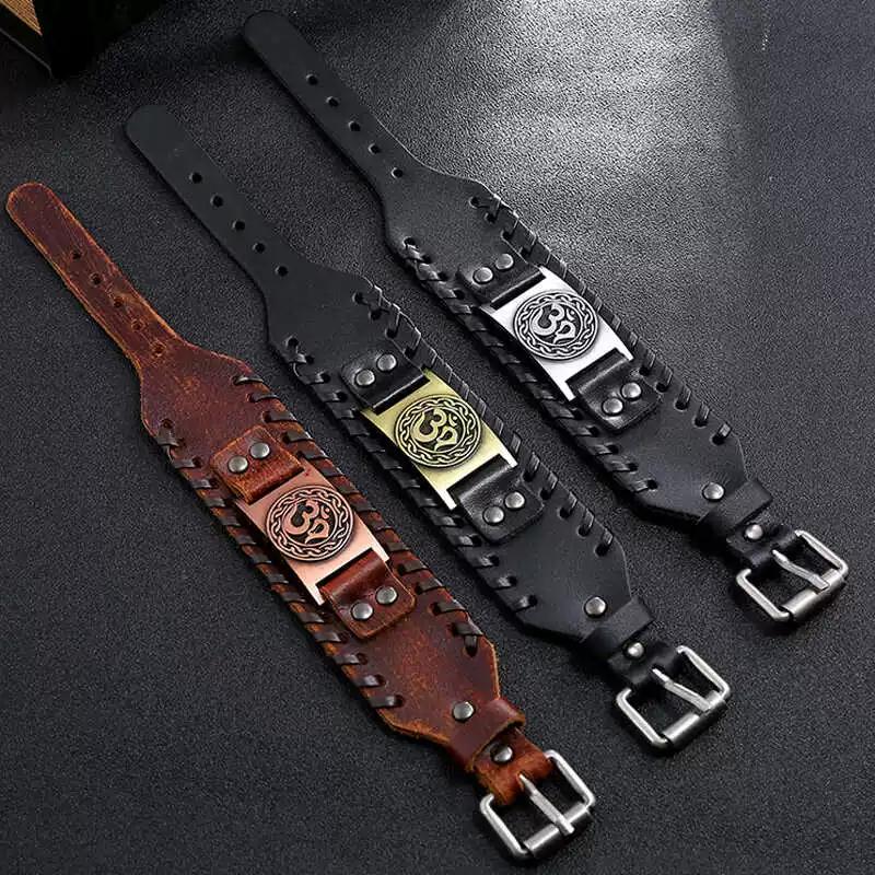 Fashion Leather Cuff Bracelet Men Retro Viking Totem Braided Biker Wristband
