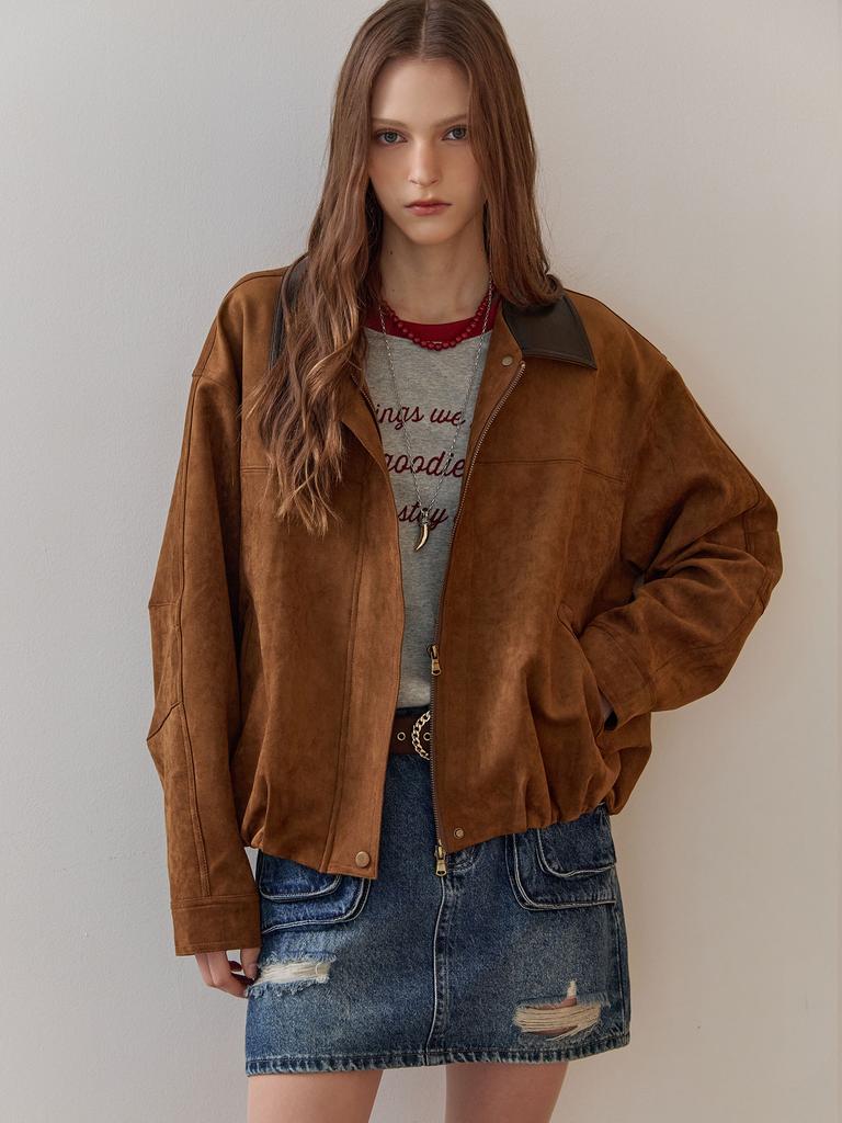 Maxza Leather Contrast Collar Faux Suede Jumper