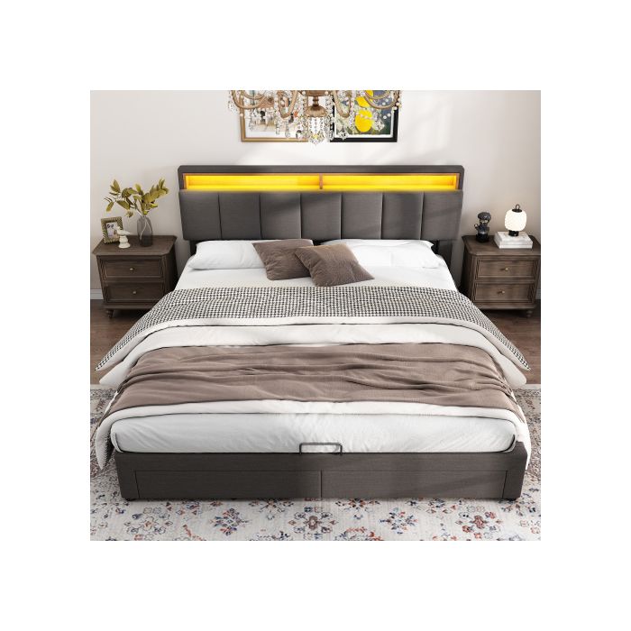 Lit double - MUVOE - 160x200 cm - Rembourré en lin - Éclairage LED - Gris intemporel