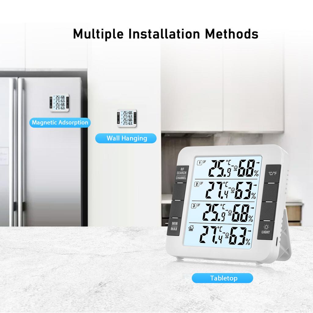 3-канальный цифровой термогигрометр для использования в помещении и на открытом воздухе с дистанционным датчиком, подсветка 328 футов/100 м