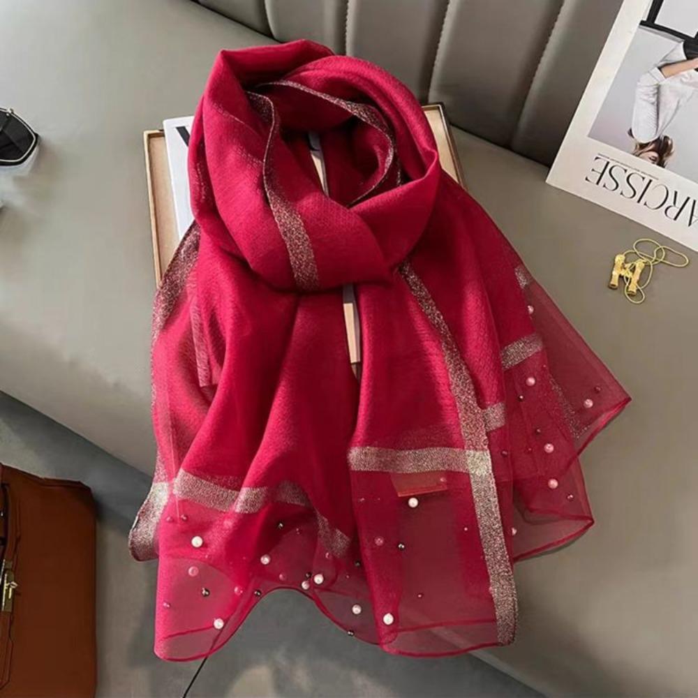 Pearls Silk Scarf Shawls Transparent Mesh Neck Scarves Luxury Ladies/Girls
