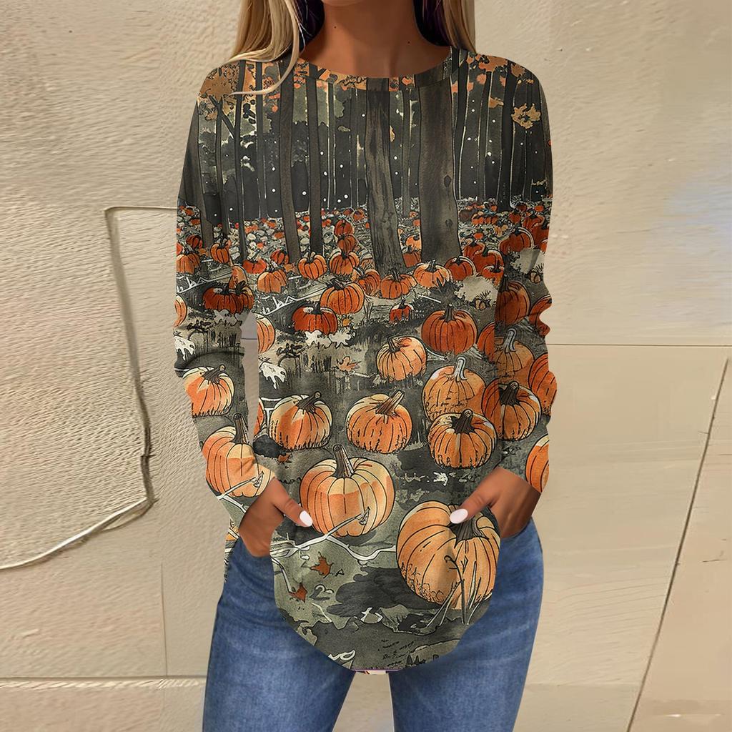 Женская свободная футболка с длинным рукавом с круглым вырезом и принтом, верхний пуловер