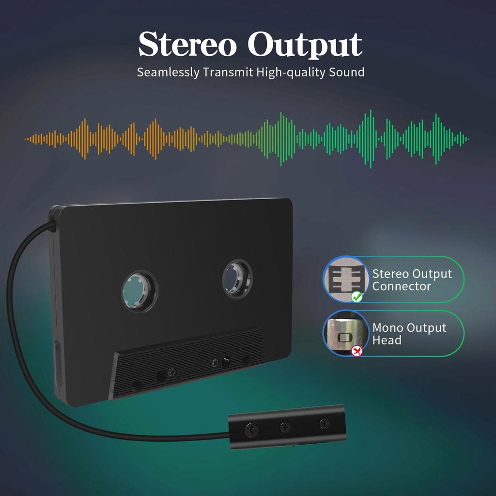 TOPINCN Bluetooth 5.0 4-канальный автомобильный кассетный конвертер, автоматическое выключение, подключи и играй, и воспроизводимый через USB-кабель