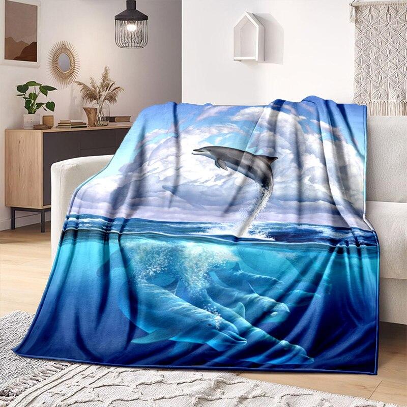 Underwater World Fish Dolphin Pattern Print Soft Flannel Blanket Sheet Sofa Office Air Conditioner Throw Blanket Gift