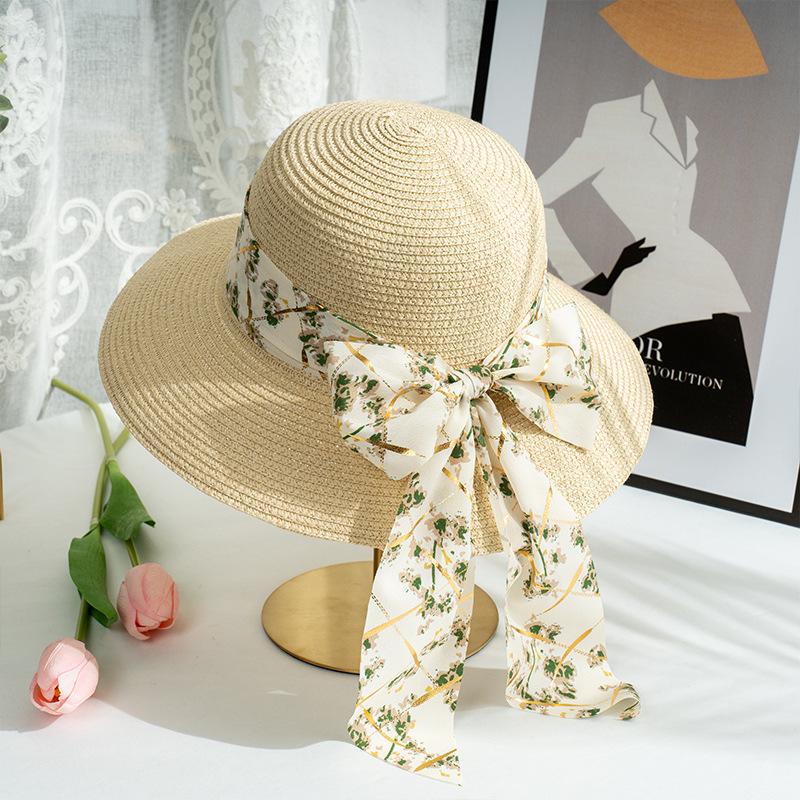 Складная широкополая шляпа от солнца для женщин - элегантный декор в виде банта из ленты, соломенная пляжная шляпа для путешествий во французском стиле