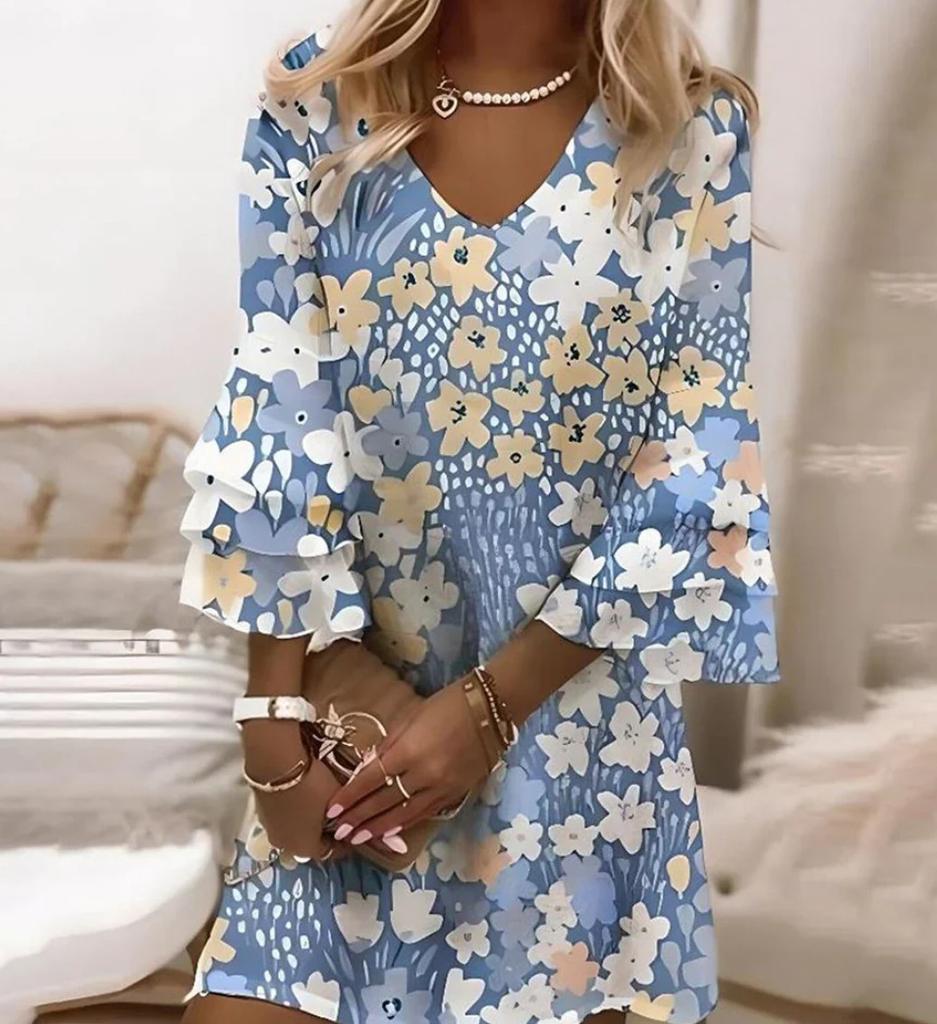 Новое, Свежее, С принтом, С V-образным вырезом, С 3/4 рукавом, Мини, Женское платье