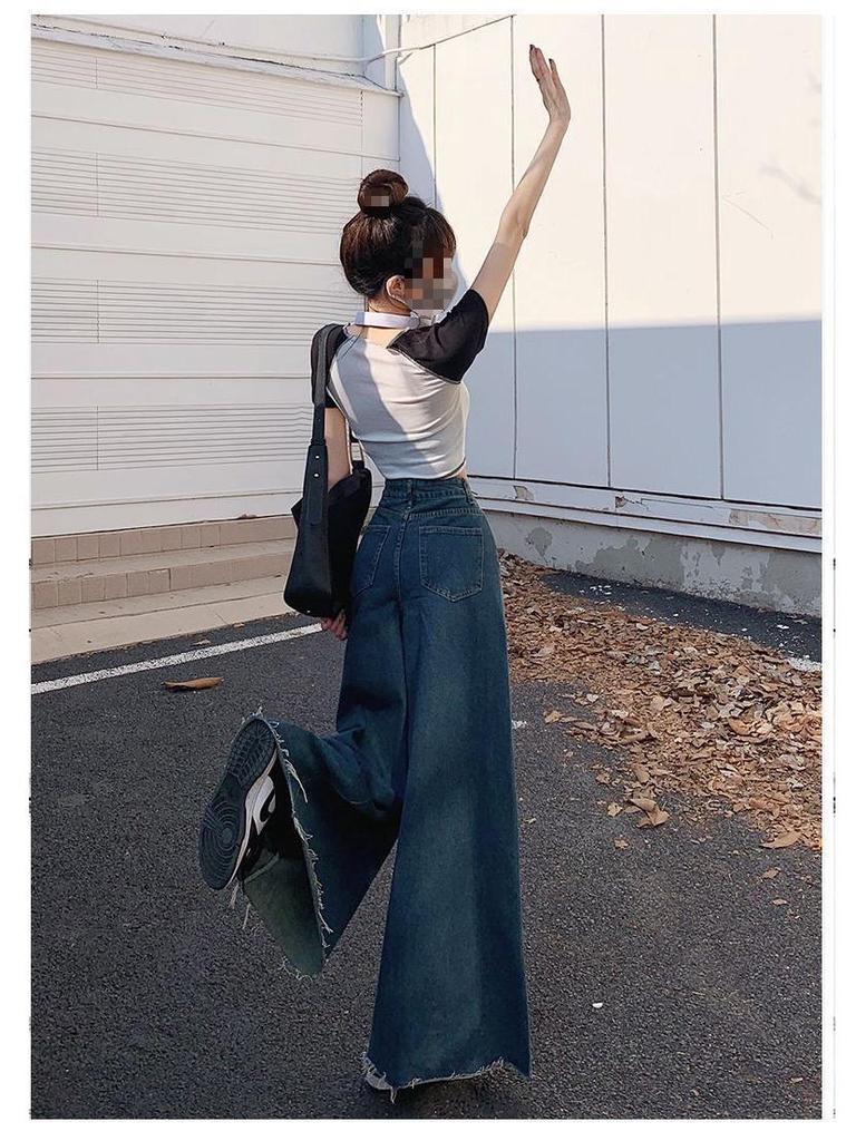 Юбка деним 2024 в стиле ретро с высокой талией и широкими штанинами с необработанными краями для весны и осени