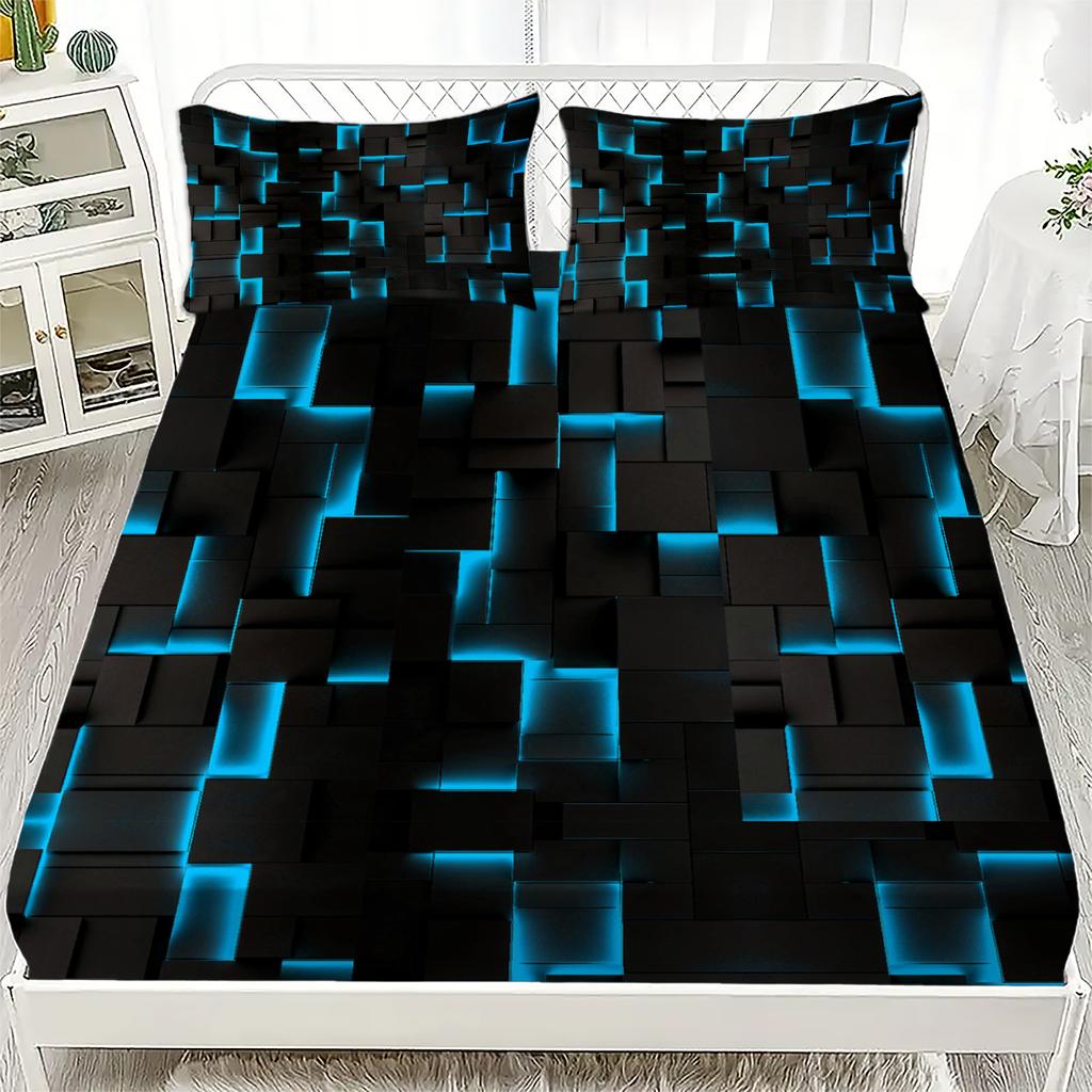 Neon Red Fitted Sheet 1pc Geometric Cube Plaid 3D Printed 100% Polyester Energy Checkered Flat Sheet Set Gifts For Teen Adult