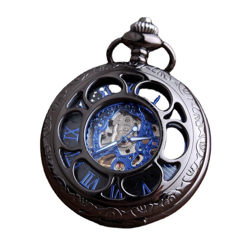 Механические карманные часы Gun Black Petal Blue Face с ретро-раскладушкой и полым ожерельем, мужские и женские часы