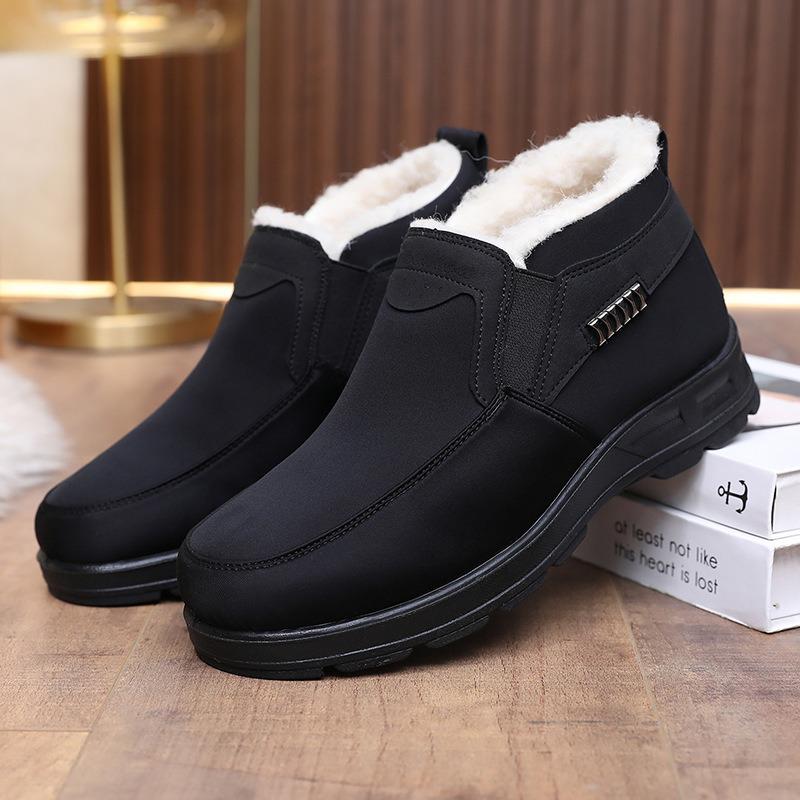 Men's Genuine Sheepskin Winter Boots Beijing Style, Slip-Resistant Wide Width Available, Plush Lined Warm Slippers for Elderly Men
