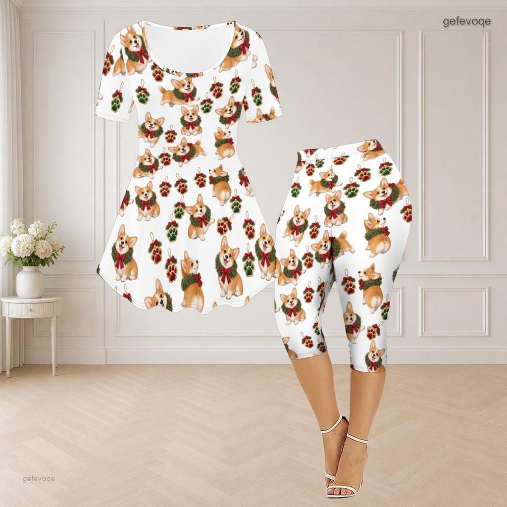 Women Plus Size White Round Neck Short Sleeve Printed Flared Top Capri Pants Two Piece Pajama Set