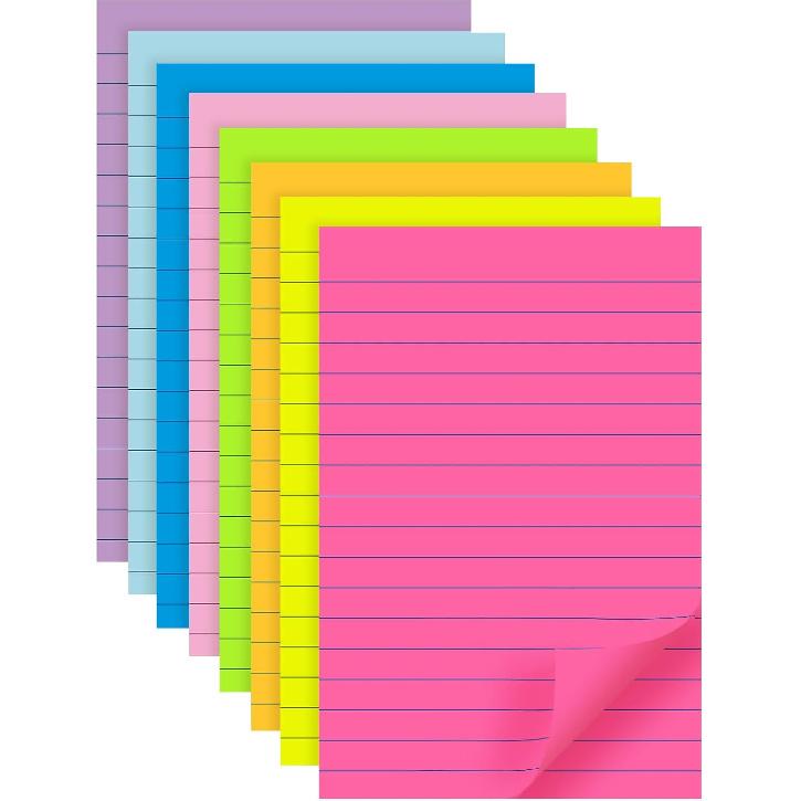 (8 Pads) Lined Sticky Notes 4x6 in Post, 8 Colors Self Sticky Notes Pad Its, Bright Post Stickies Colorful Big Rectangular Sticky Notes for Office,