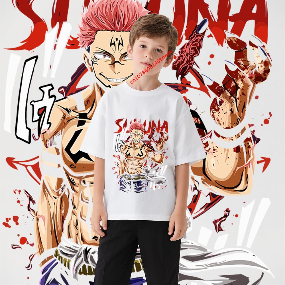 Детская хлопковая футболка Jujutsu Kaisen Сукуна Принт Аниме Мультфильм Топ для мальчиков и девочек 100-160 см Мягкий удобный