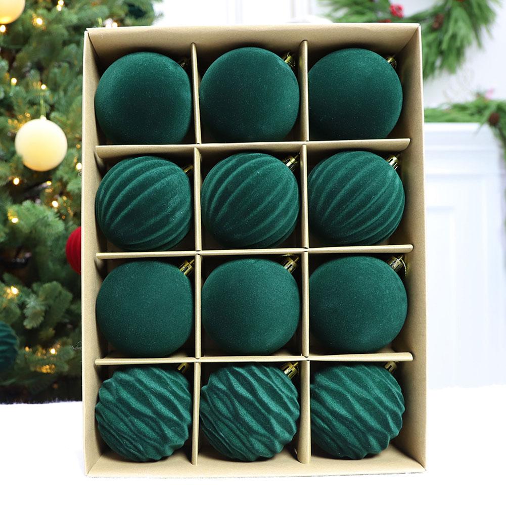 12Pcs Velvet Christmas Tree Ornaments Set, Green/ Red Flocked Hanging Christmas Balls Ornaments Shatterproof Xmas Party Decor