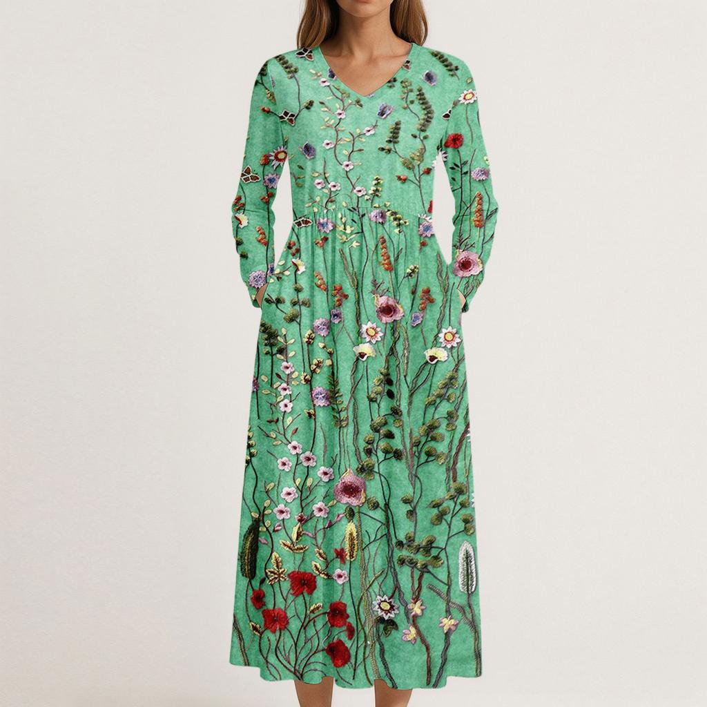 Платье для женщин длинное бохо пляжное платье элегантное макси-платье V-образный вырез длинный рукав платье с карманами