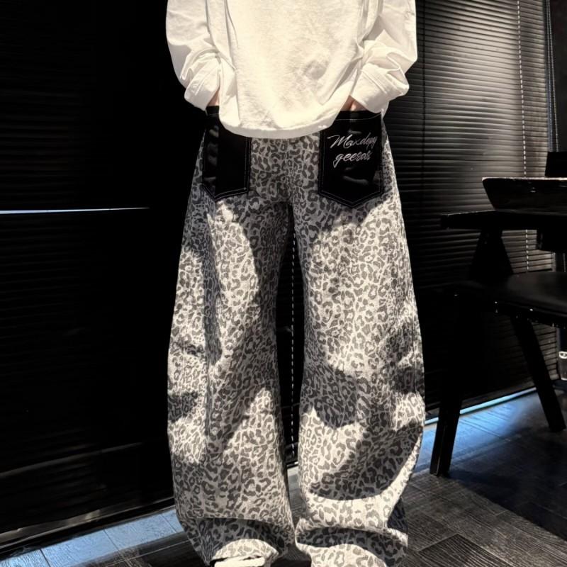Unisex Wide-Leg Straight Cut Denim Pants With Leopard Patch Pocket High-Waisted Casual Streetwear Jeans