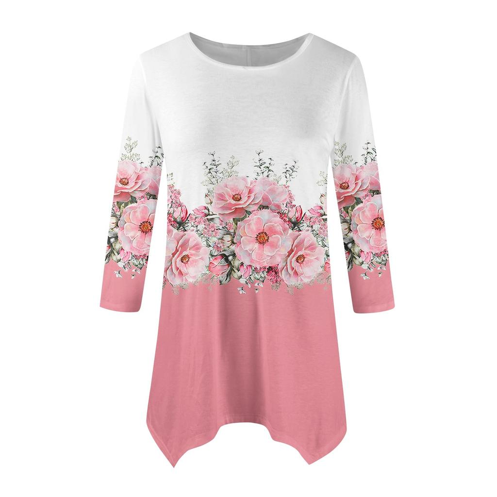 Женская модная повседневная рубашка с круглым вырезом и цветочным принтом, рукавами-семью, свободным удобным топом с поясом