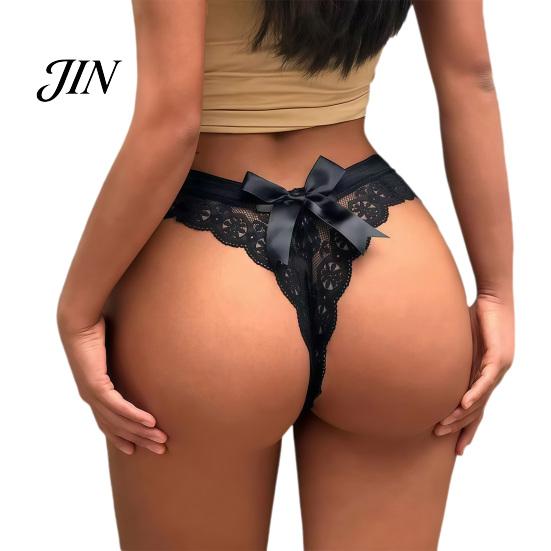 Breathable Lace Panties Women's Sexy Sheer Thong, Cheeky See Through Underwear, See-through High Waist T Back Stretch with Bow Women Underwear