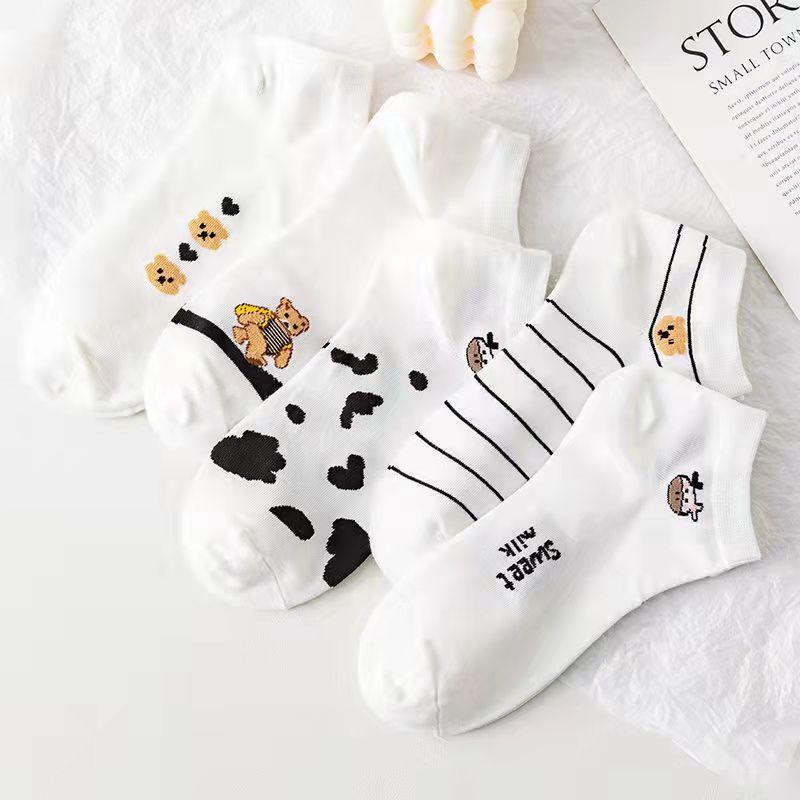 5Pairs Women Cotton Socks Cute Print Princess Two-dimensional Fashion Socks Striped Plaid Ladies Spring Summer Socks