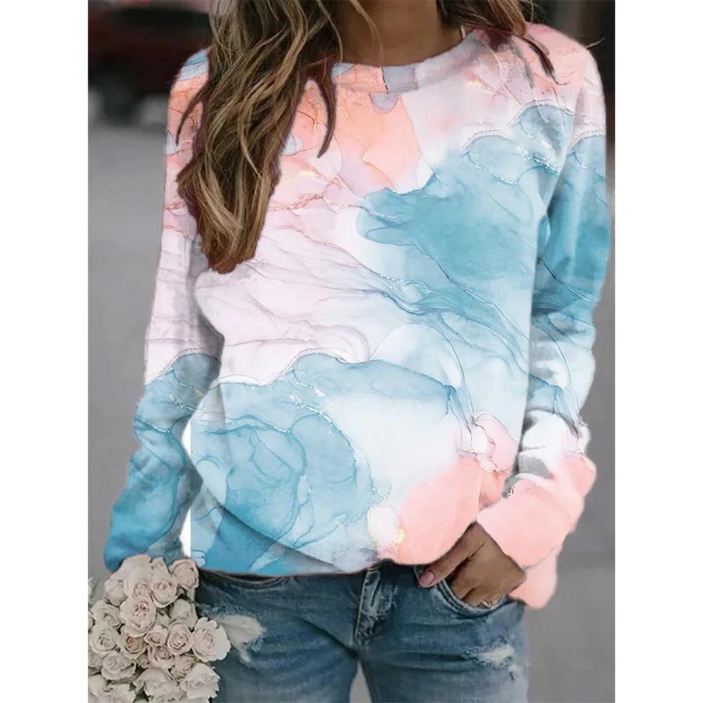 Хит продаж новая женская повседневная футболка с круглым вырезом и длинным рукавом с 3D-принтом под мраморную текстуру