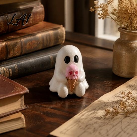 Sweet Cool Room Ornaments Halloween Mini Ghost Decorative Figurine 3D Printed White Statue with Pink Skull Ice Cream Cute Desktop Ornament for Home