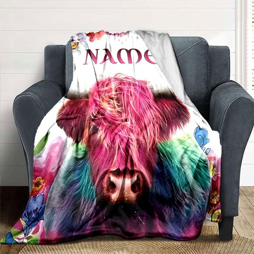 Colorful Highland Cow Floral Home Customize Your Name Blankets Soft Comfortable Lightweight All Season Multi Use Blanket For Picnic Sofa Office Bed