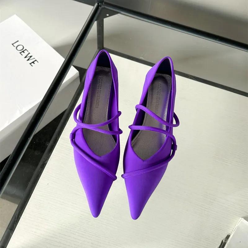 Модные замшевые женские туфли-лодочки фиолетового цвета с острым носком, лаконичные, с перекрестным ремешком, на тонком каблуке, мюли, обувь для банкета, свадьбы, элегантные туфли на низком каблуке для дам