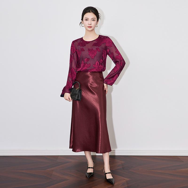 Elegant Georgette Cut-Out Long Sleeve Top - New Chinese Round Neck Style (2501209)