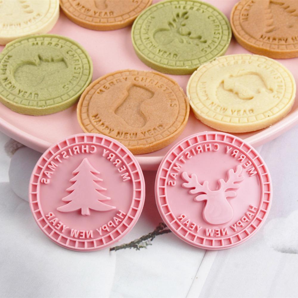 9Pcs Plastic Christmas Cookie Cutters Pink Biscuit Embosser Molds Biscuit Mold Xmas Party