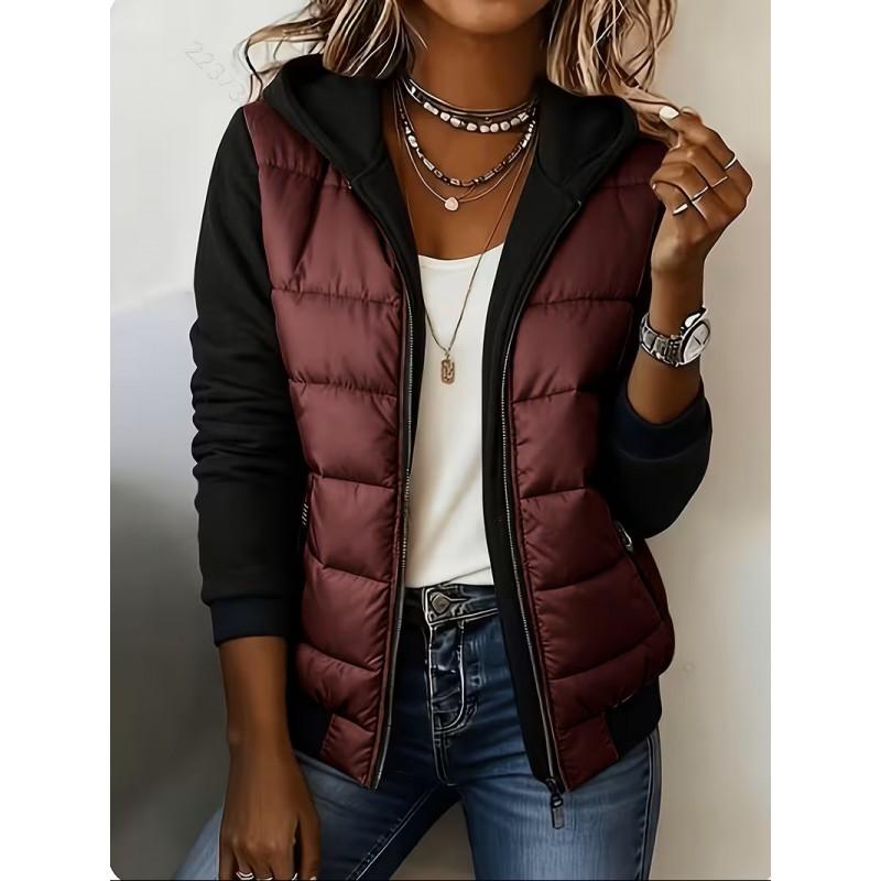 Womens Color Block Patchwork Fake Two-Piece Hooded Cotton Coat Zip Pocket Daily Commute Winter Outerwear