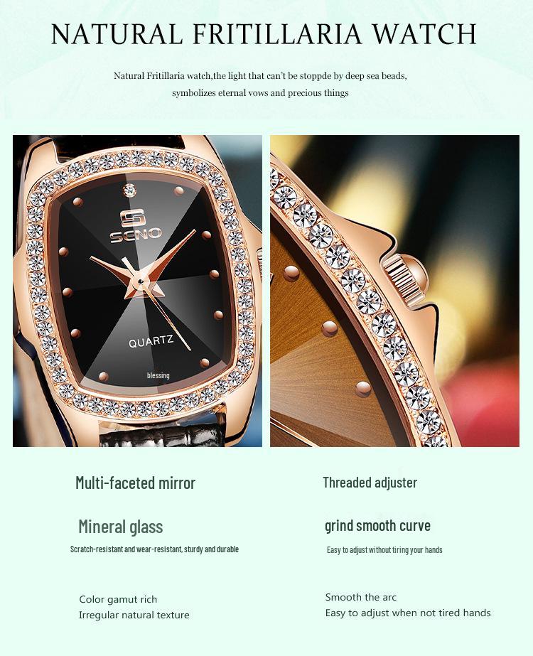 Женские часы SENO Retro Square Diamond с кожаным ремешком - Простой дизайн с кварцевым механизмом и бриллиантами.