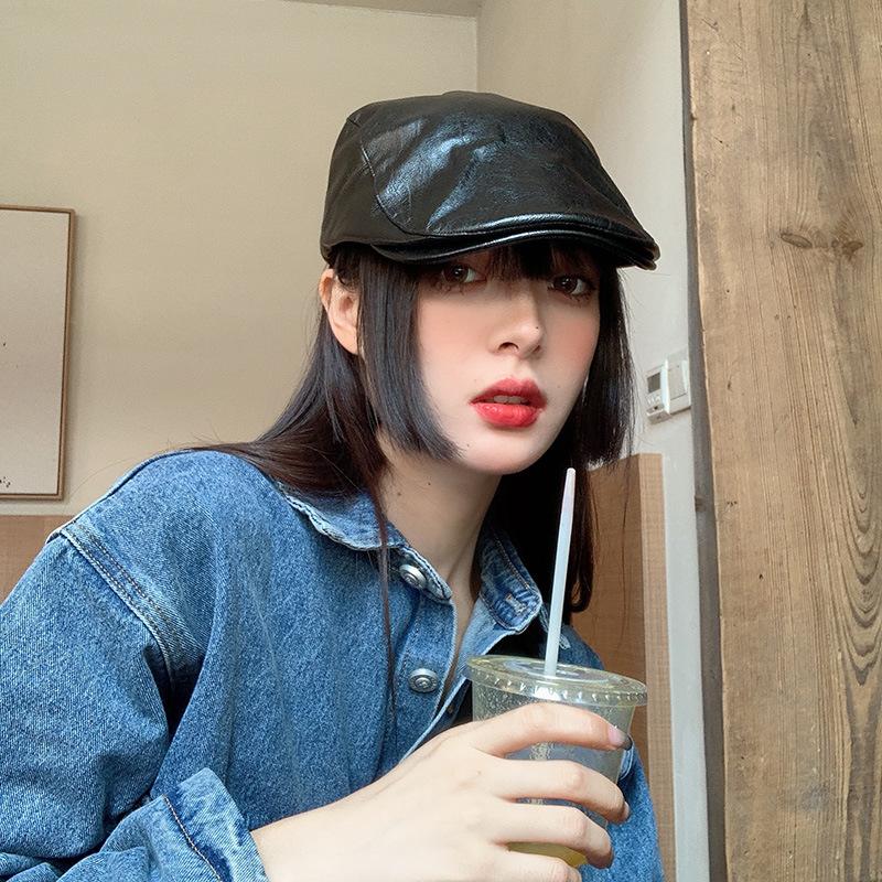 Leather Retro Hat Women's Autumn and Winter Beret Solid Color Cap Detective Hat Men's Hat