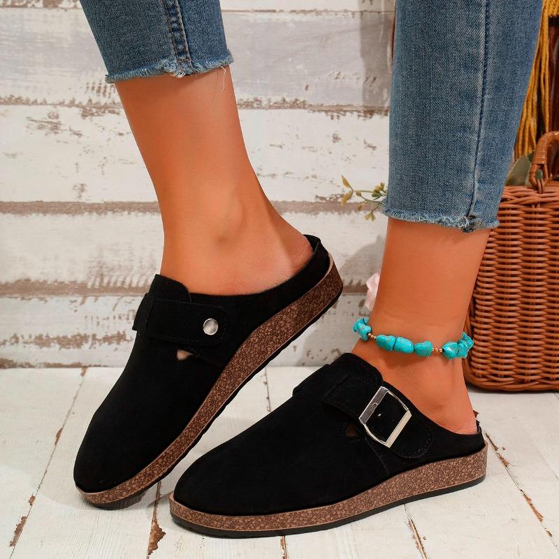 Новая Мода Женские Повседневные Шлепанцы из Искусственной Замши на Танкетке, Мюли из Пробки на Платформе, Клоги, Нескользящая Подошва, Пряжка, Уличная Домашняя Обувь