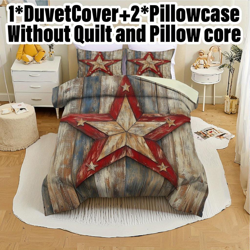 3pcs Duvet Cover Set without Core 1 Quilt Cover + 2 Pillowcases Rustic Barn Star Design Bedding Set for Bedroom, Soft