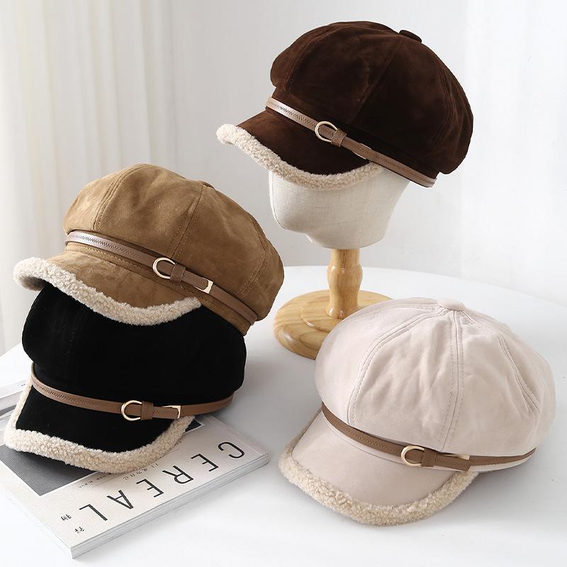 Winter belt buckle decorative suede warm octagonal hat women's fashion retro cap temperament trendy newsboy hat