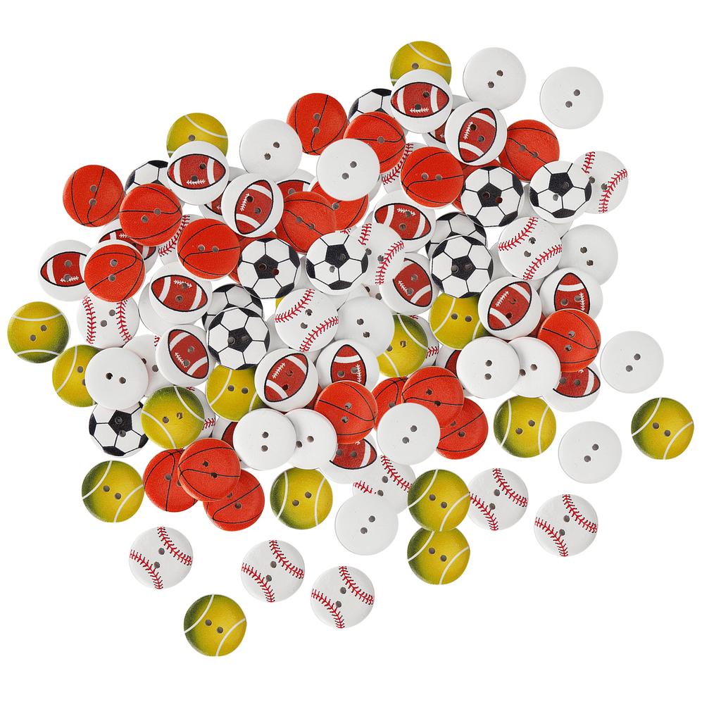 100Pcs Wooden Buttons 2‑Hole Round Shape Basketball Football Mixed Pattern Sewing Buttons